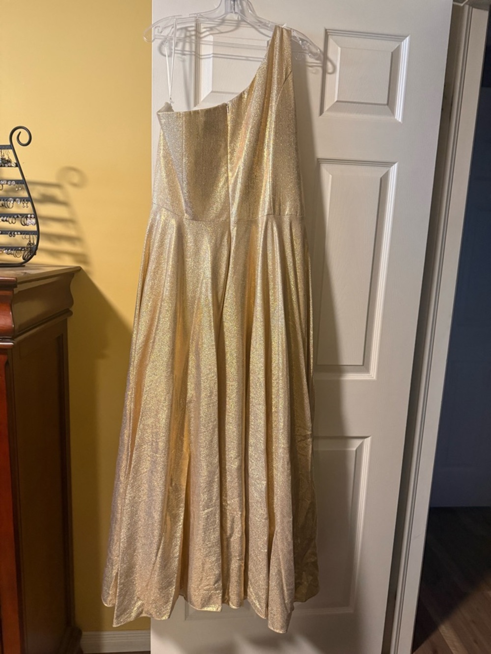 One-Shoulder Shimmery Gold Evening Gown